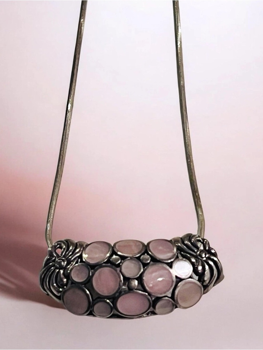 Sterling Silver 925 Chain and Cluster Bib Pendant with Pink Quartz Stones 15.7g